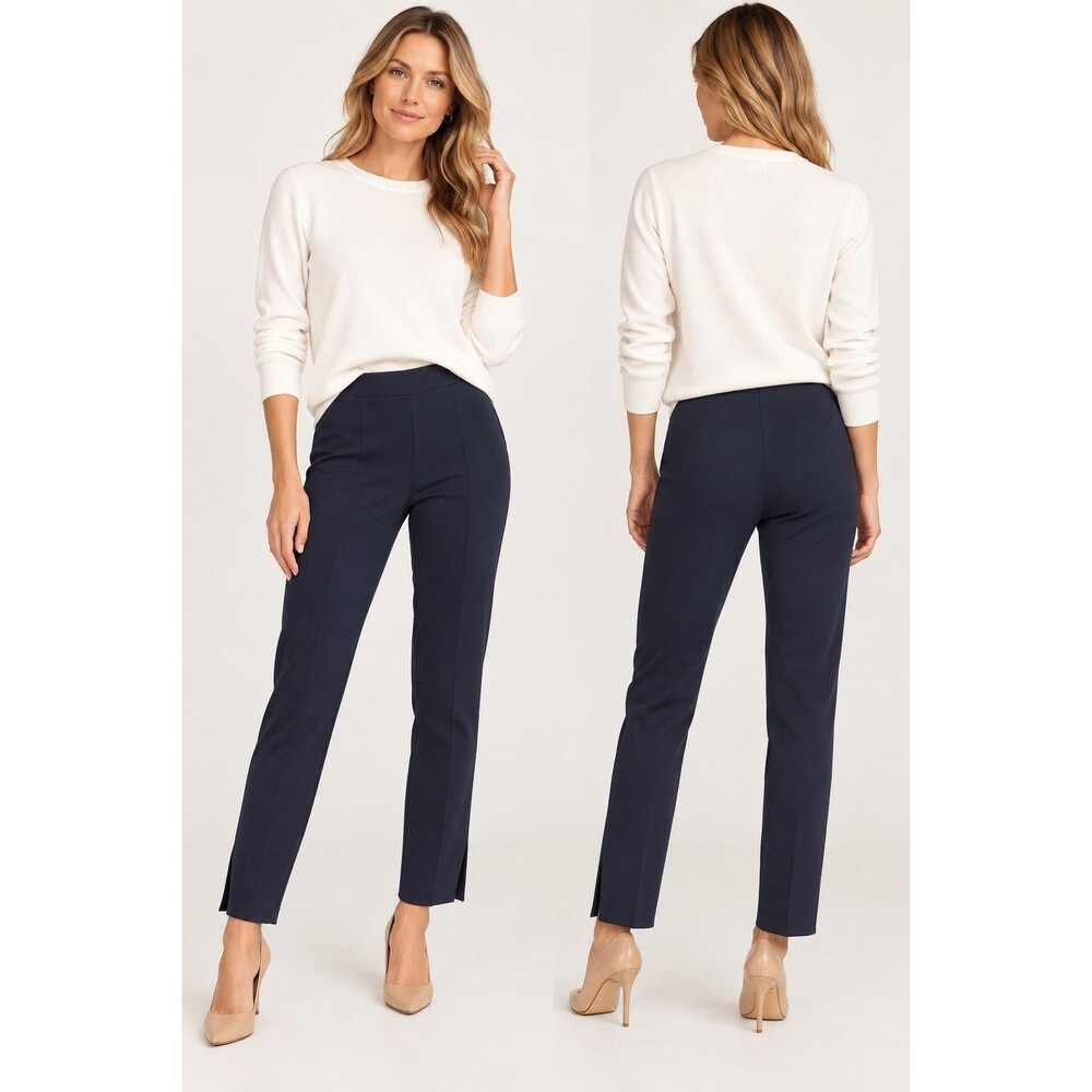 NWT Vince High Rise Ponte Pants Women’s L Navy Blue Pintuck Slim Pull On Work
